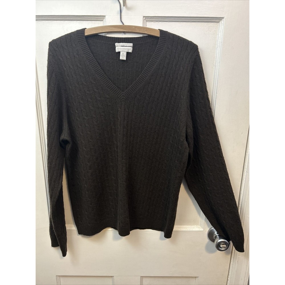 Charter Club 100% Cashmere Luxury Pullover V-Neck Knit Sweater Size XL Brown